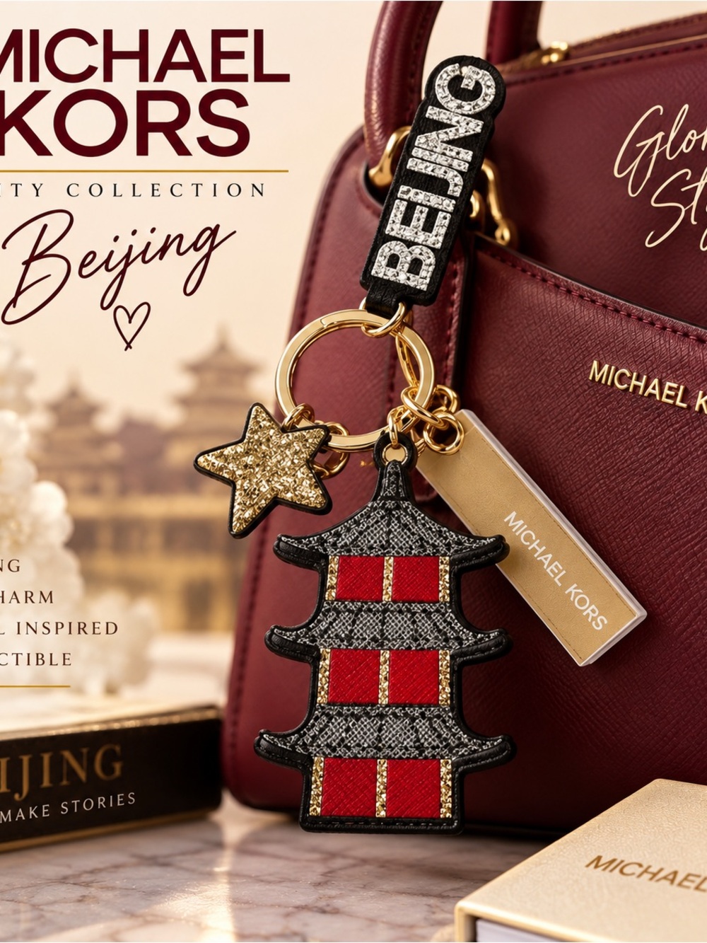 MICHAEL KORS City Beijing Keychains - Bag Charm New With Tags Red & Silver